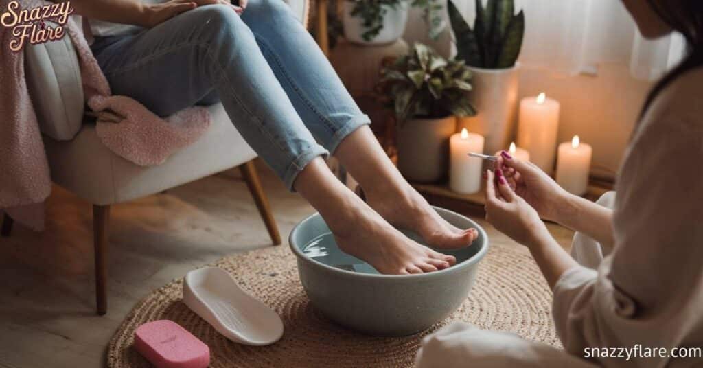 A woman receiving a foot spa treatment with candles and spa tools around