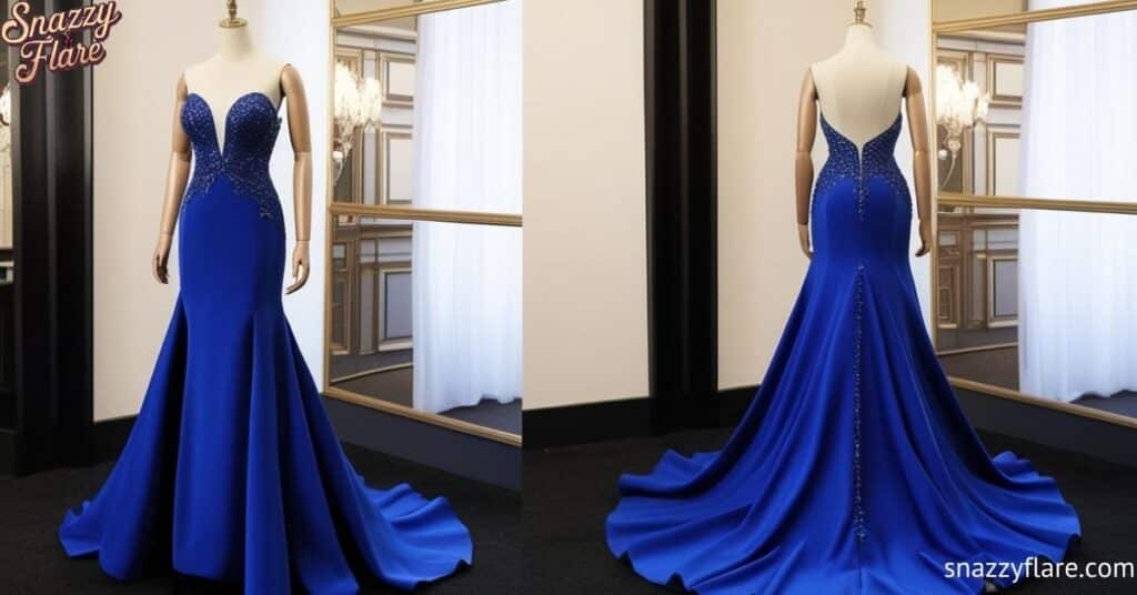 Royal blue evening gown with intricate beading, displayed on a mannequin in a luxurious setting