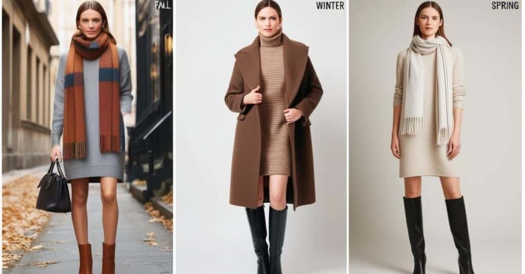 Three seasonal outfits: fall, winter, and spring, featuring dresses, scarves, and boots