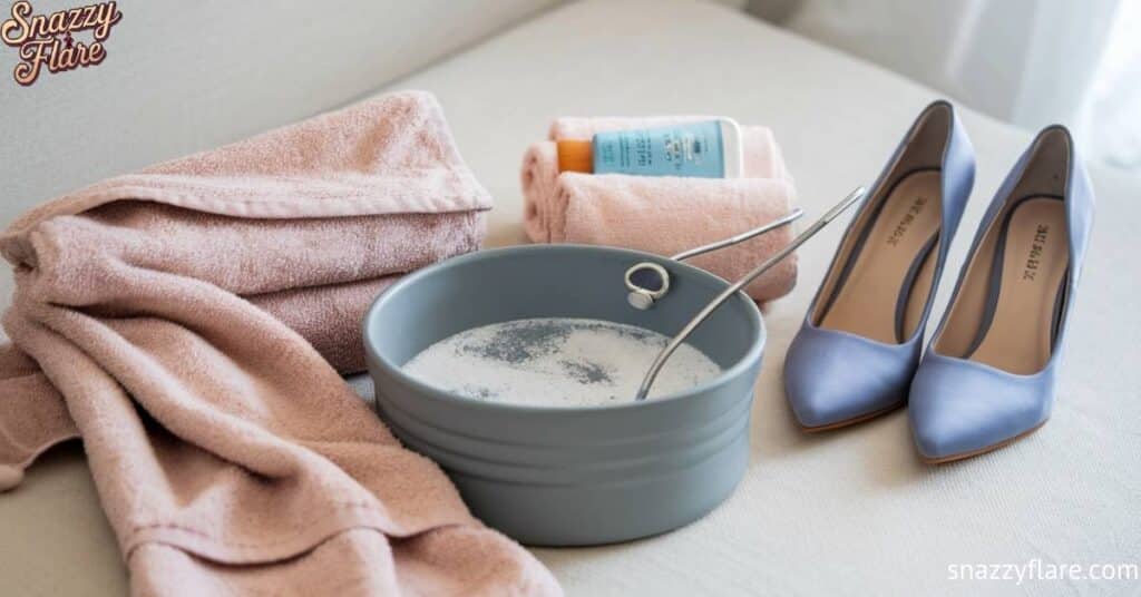 Towels, soapy water, brush, and blue high heels on a light surface. snazzyflare.com