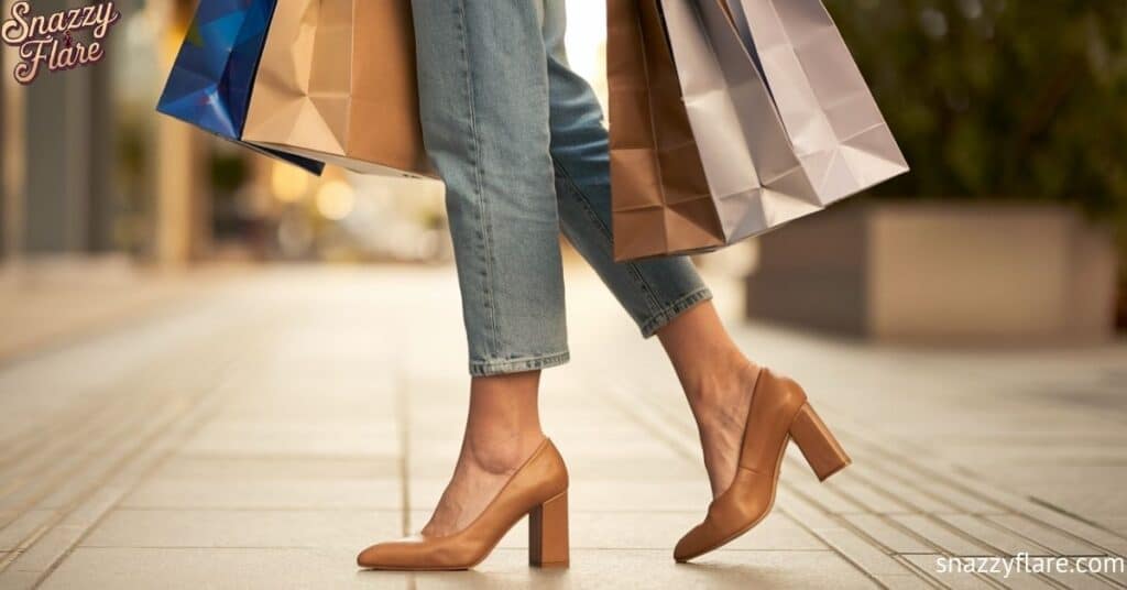 woman in tan heels and jeans carrying shopping bags on a city sidewalk