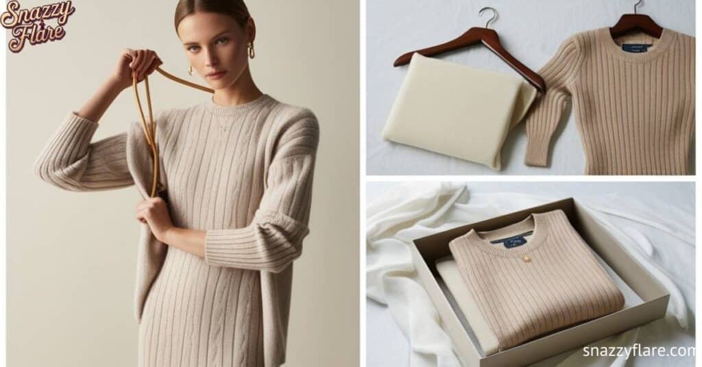 Woman wearing beige sweater, folded sweaters on hangers and in a box, Snazzy Flare branding