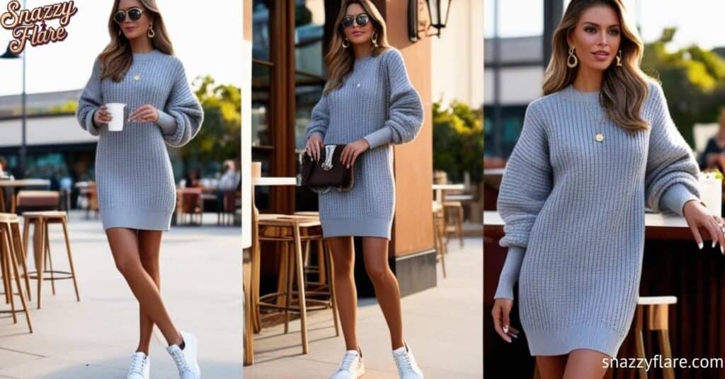 Woman in grey sweater dress with white sneakers, holding coffee and handbag, outdoor setting