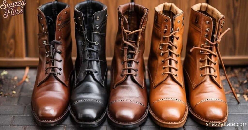 Four pairs of leather boots in different colors displayed in a row on a tiled surface