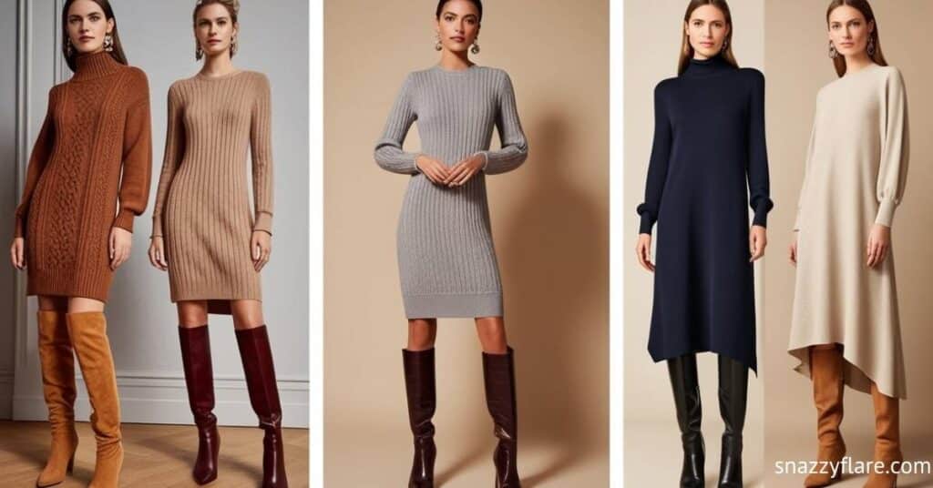 Four women modeling different styles of sweater dresses with boots