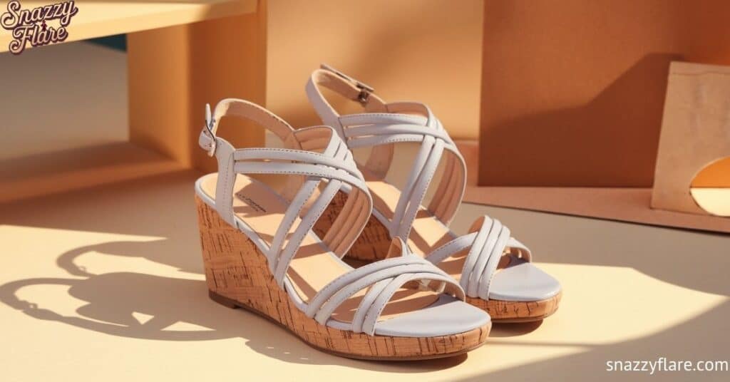 Light bluish pink wedge sandals with cork heels by Snazzy Flare, displayed in a stylish setting