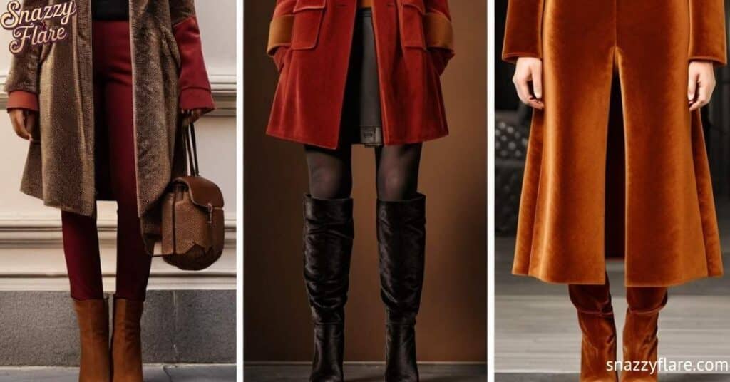 Three stylish winter coats with matching boots in various colors and textures.