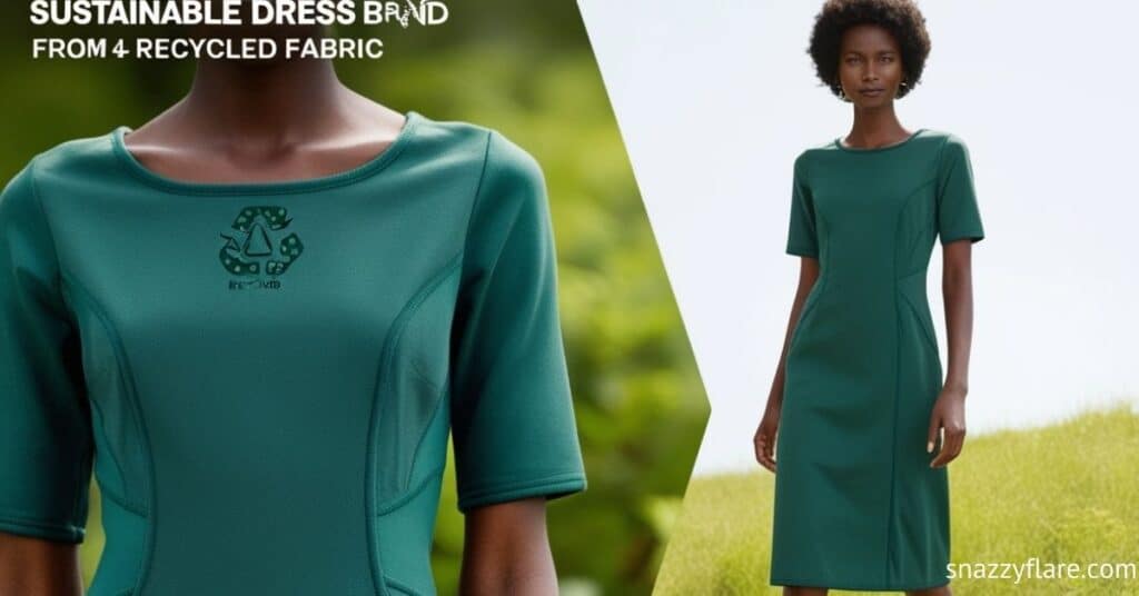 Green dress made from recycled fabric, shown on a model in a natural outdoor setting