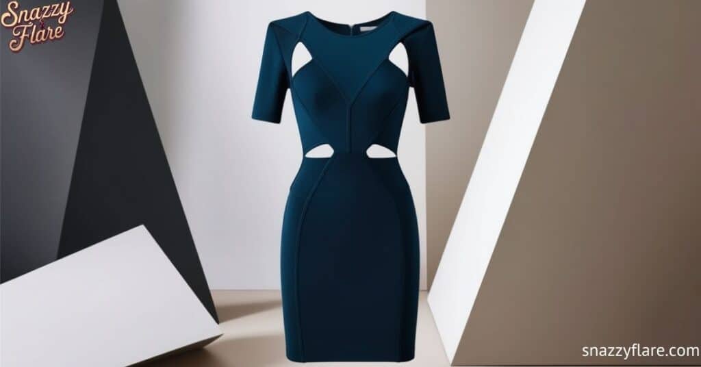 Stylish teal dress with geometric cutouts on a modern geometric background