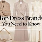 Various elegant dresses and a handbag with text 'Top Dress Brands You Need to Know