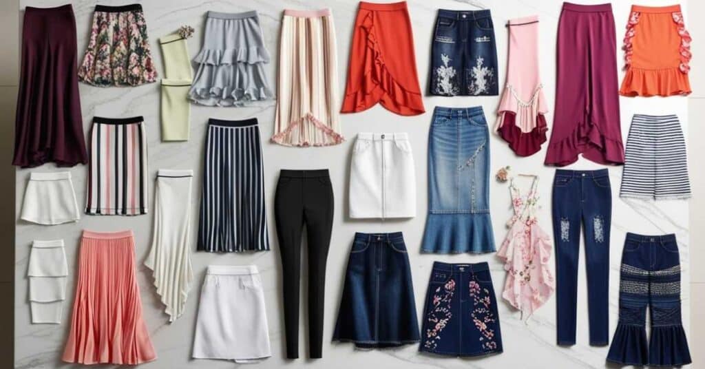 A collection of various skirts and pants in different styles, colors, and patterns