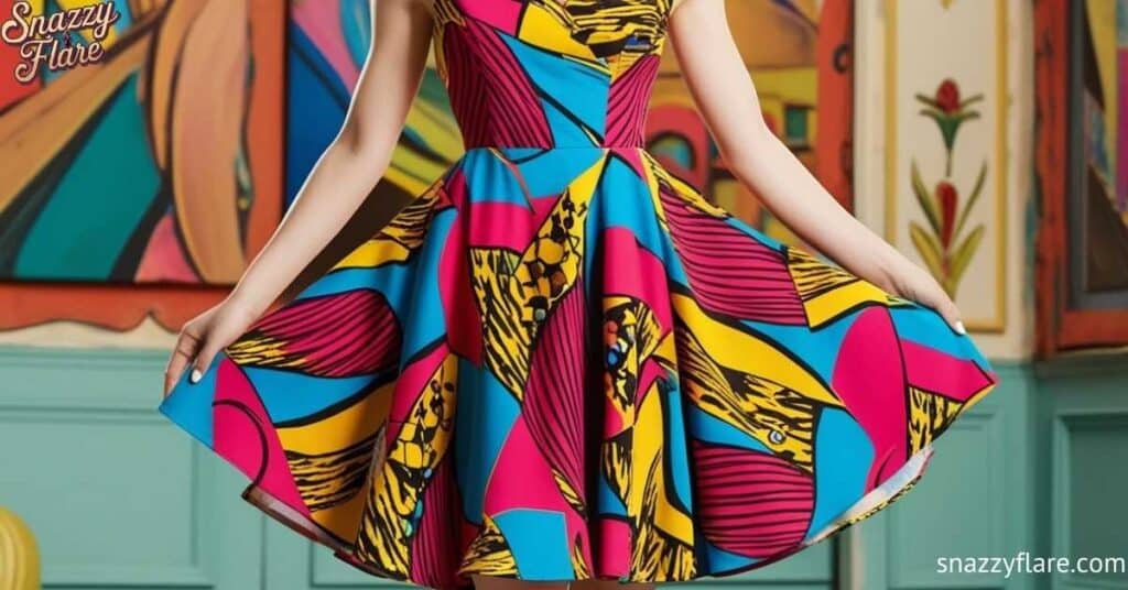 Woman in a colorful dress with geometric and abstract patterns, holding the skirt out