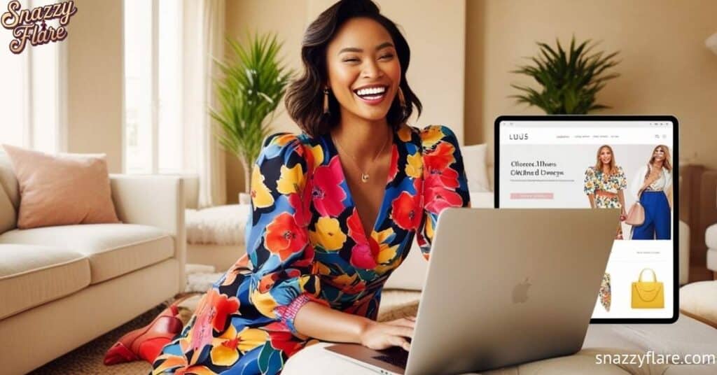 Woman in a floral dress using a laptop with an online shopping site open, sitting in a cozy living room