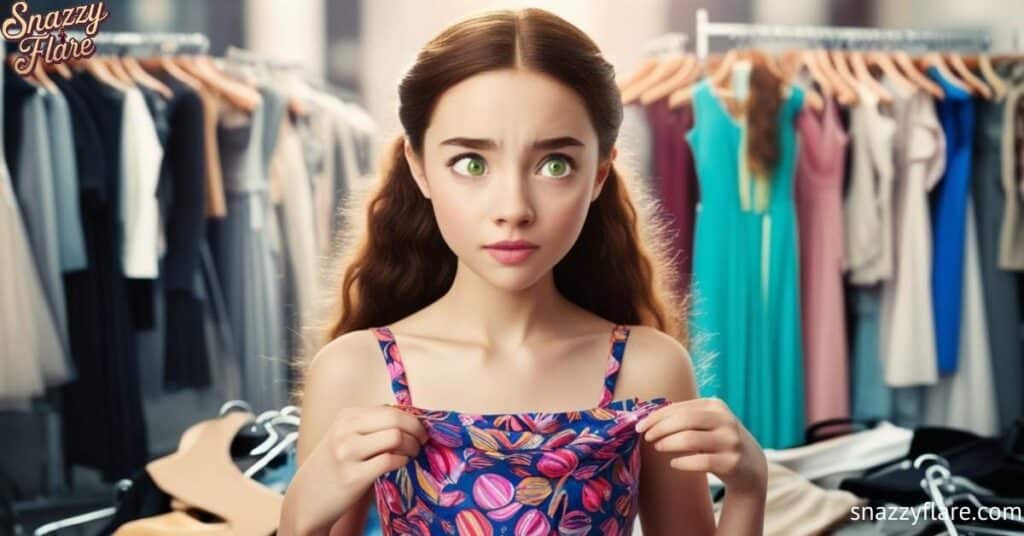 Girl holding a colorful dress in a clothing store with various dresses hanging in the background