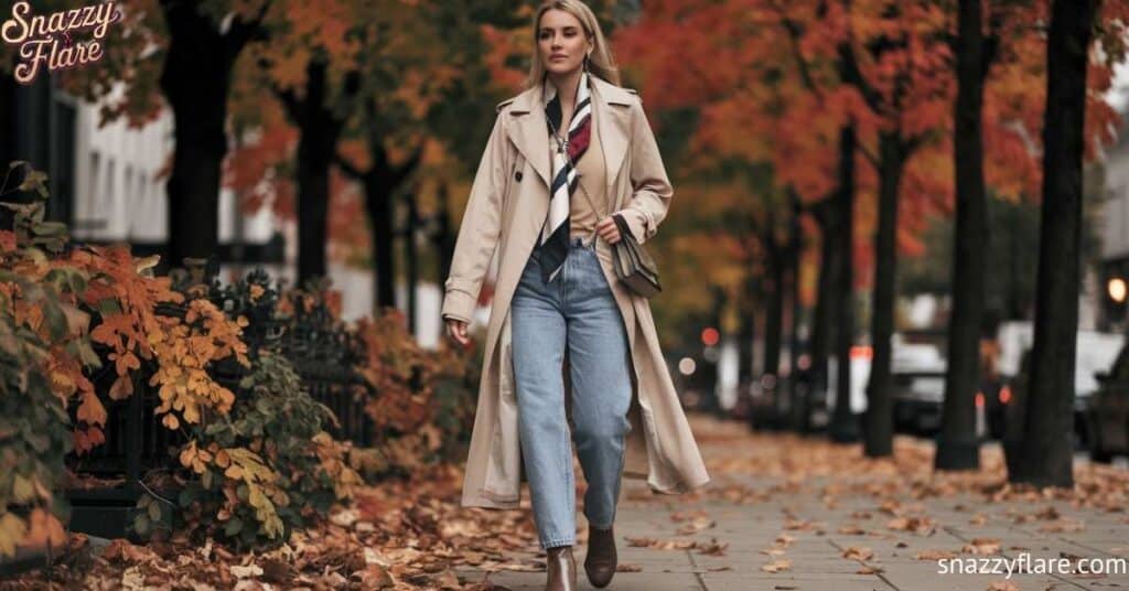 Chic Autumn Walk: Stylish Trench Coat and Jeans Ensemble Amidst Vibrant Fall Foliage