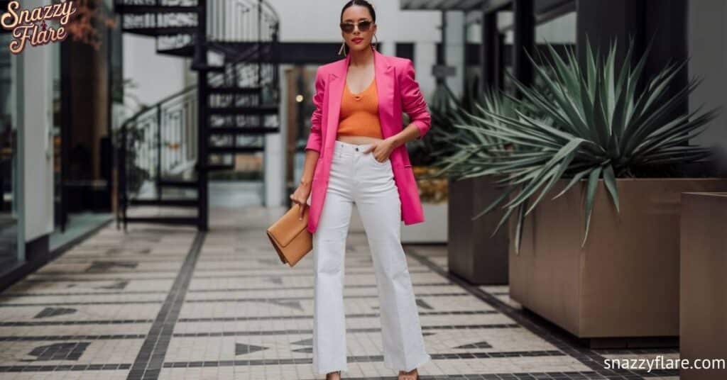 Chic Street Style: Bold Pink Blazer with White Flared Jeans - Snazzy Flare Fashion