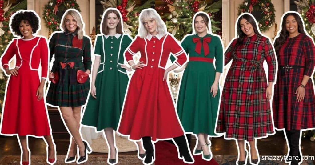 A lineup of seven women wearing various Christmas-themed dresses in red and green, standing in front of festive decorations.