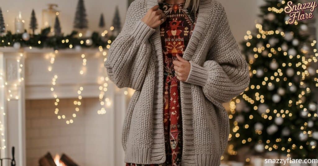 Person in chunky knit cardigan over festive dress stands before decorated fireplace and Christmas tree