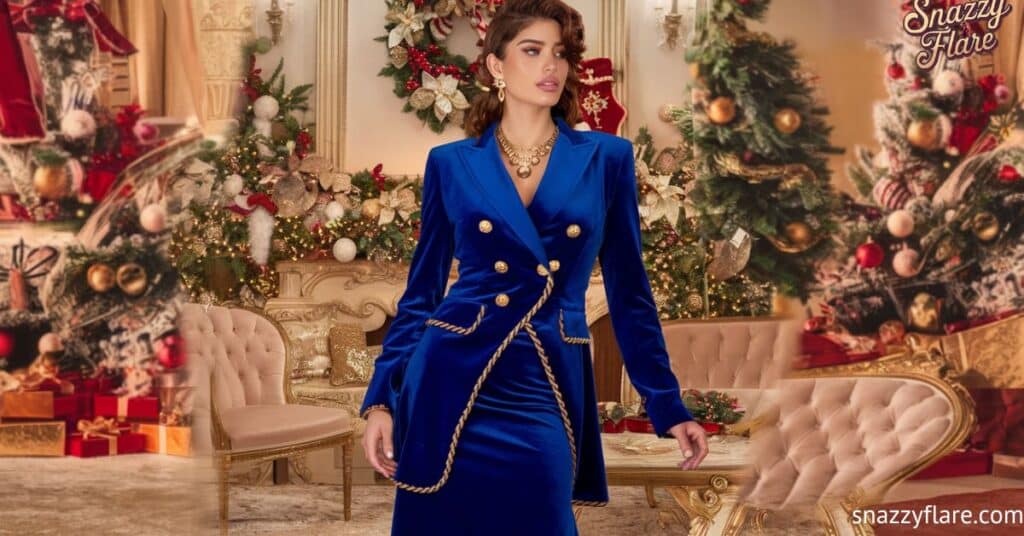 Person in blue velvet outfit with gold buttons stands in luxurious room decorated with Christmas trees