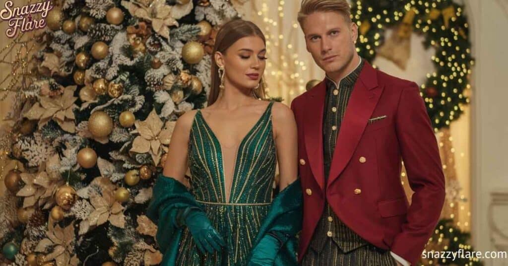 A couple in formal attire standing in front of a decorated Christmas tree