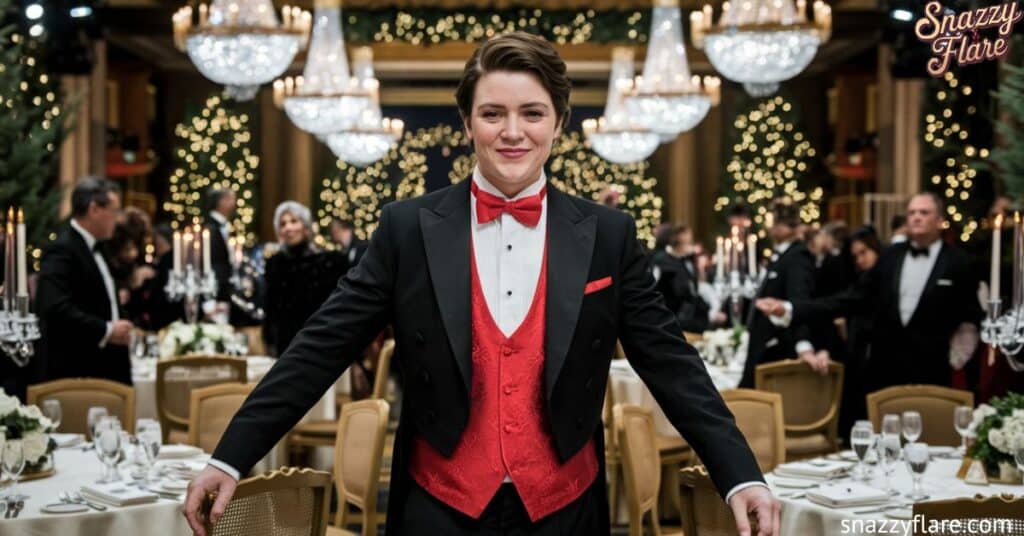 Person in a formal suit with red waistcoat and bow tie at a decorated gala event with chandeliers and festive lights