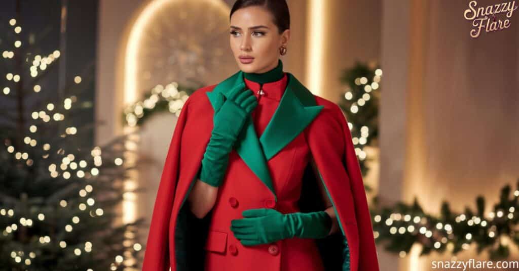 Person wearing a red and green outfit with matching gloves, standing in a festive setting with holiday lights and decorations