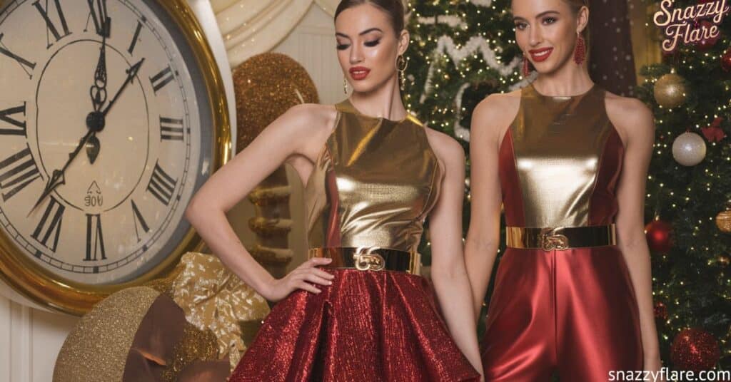 Two models in gold and red holiday outfits stand in front of a large clock and Christmas decorations