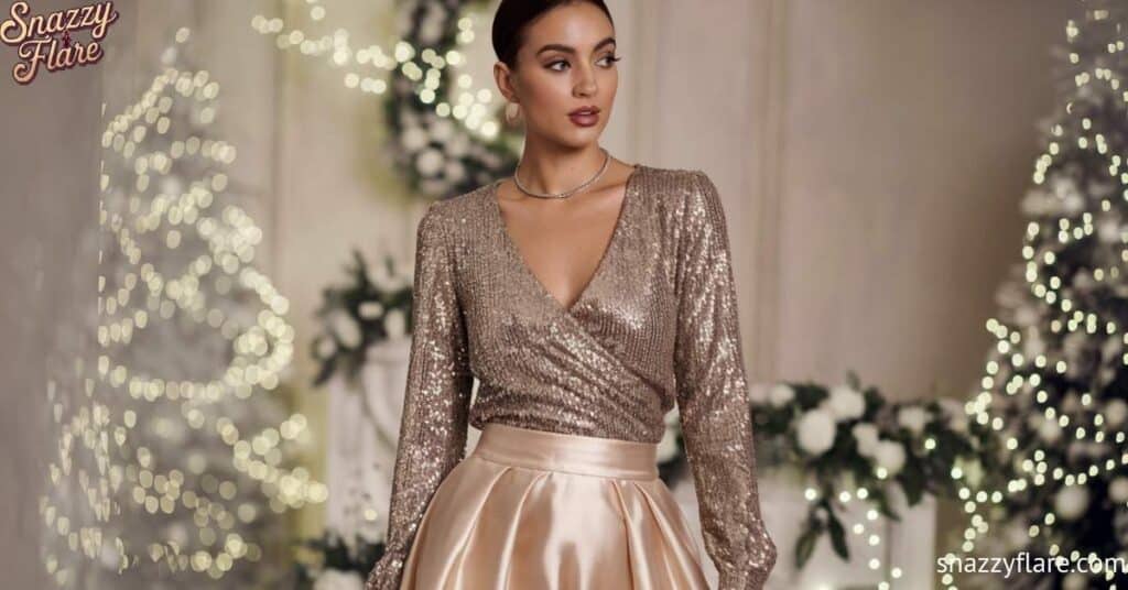 A person wearing a sparkling sequin top and a satin skirt, standing in front of a festive background with Christmas lights and decorations.