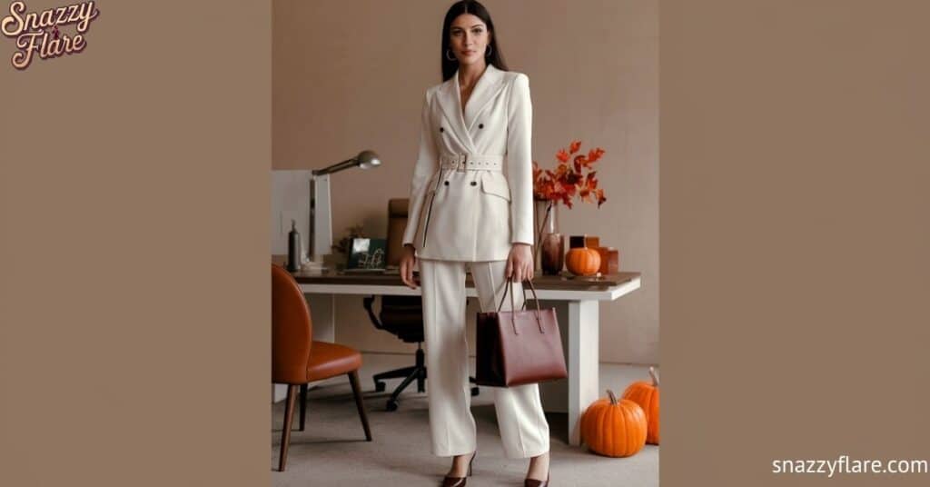 Elegant Office Fashion: Woman in Cream Suit with Brown Handbag - Snazzy Flare