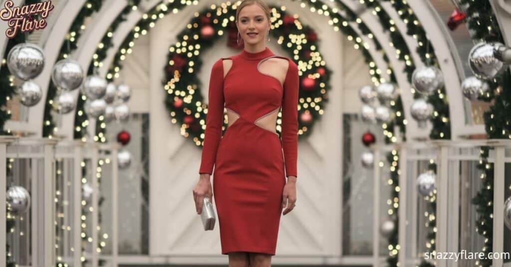 Person in a red dress with cutouts, holding a clutch, standing in a festive setting with lights and ornaments.