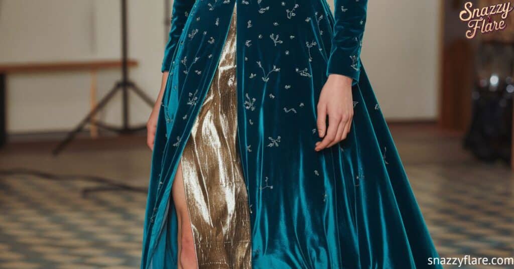 Teal velvet dress with intricate embroidery and a gold inner lining, featuring a high slit