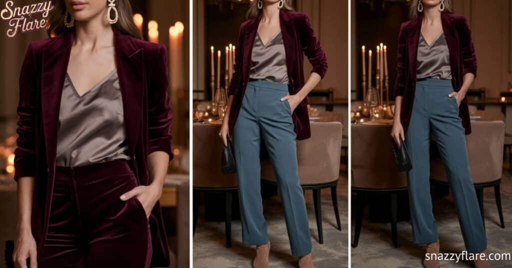 Elegant Velvet Blazer Styled with Two Different Pants for a Chic Evening Look | Snazzy Flare