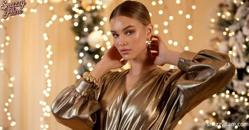 A woman in a shiny gold dress adjusts her earrings with a festive background of lights and decorations.