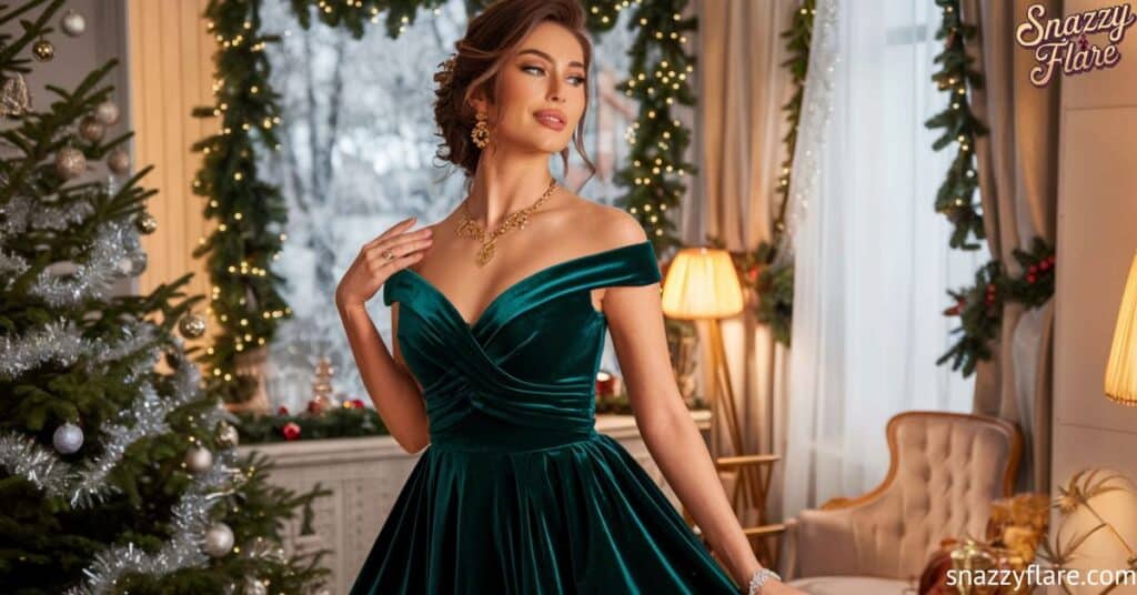 A woman in a green velvet off-shoulder dress stands in a festive room decorated with Christmas trees and lights.