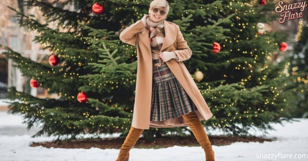 Person in a stylish winter outfit poses in front of a decorated Christmas tree with red ornaments and lights