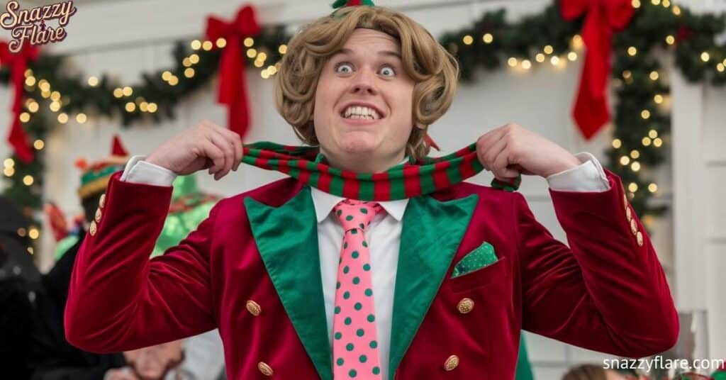 Person in red velvet jacket with green lapels, pink polka dot tie, and striped scarf in holiday setting.