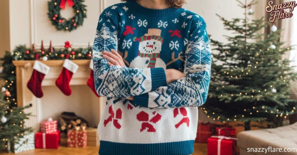 Person wearing a blue and white Christmas sweater with a snowman design, standing in a festively decorated room