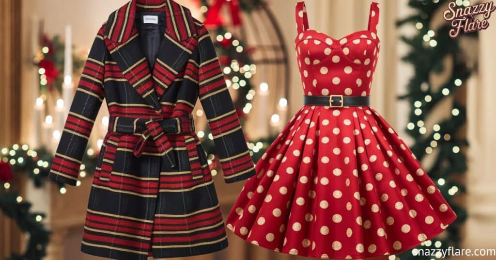 Stylish plaid coat with red and black stripes over a red polka dot dress with a black belt, in a festive setting