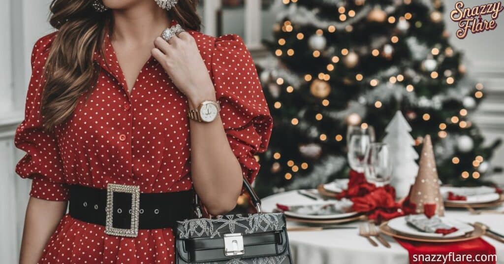 Woman in red polka dot dress with black belt and gold watch, holding a black handbag, standing by a decorated Christmas table and tree