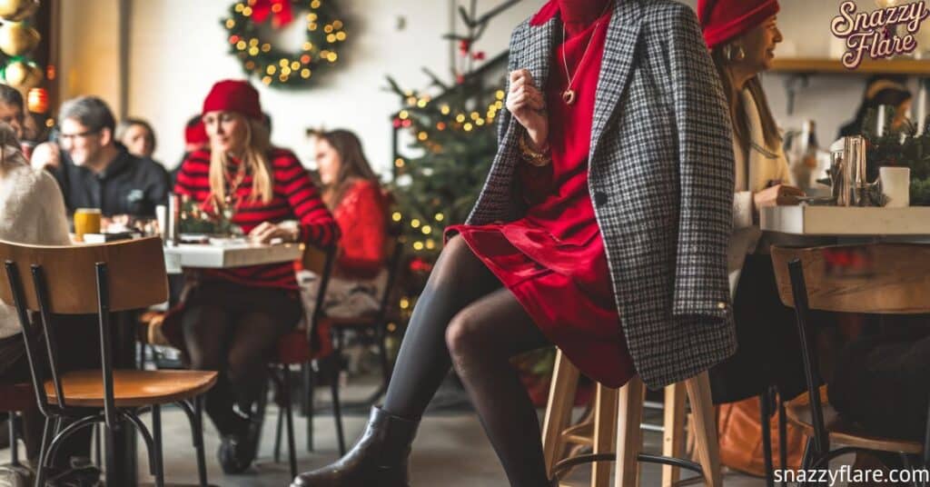 People enjoying a festive gathering at a cozy cafe, with holiday decorations and a person in a red dress and checkered coat in focus.