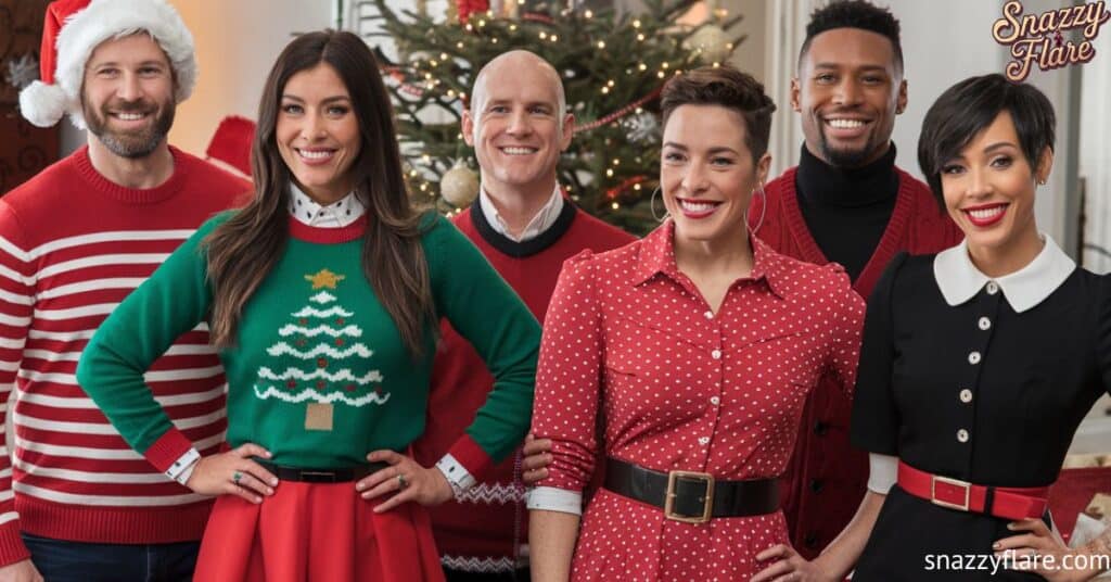 Group in Christmas sweaters and dresses by decorated tree at holiday gathering