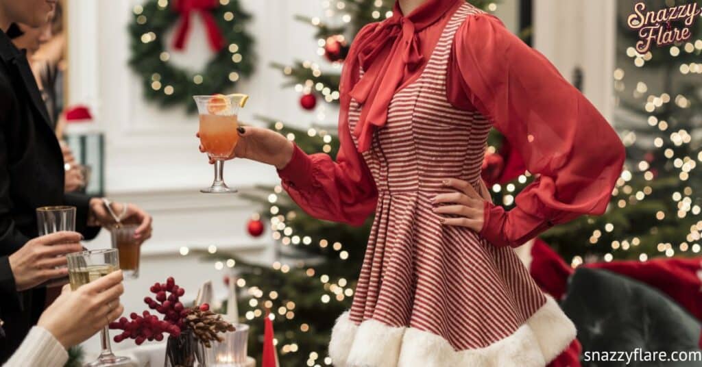 Person in red and white striped dress holding a cocktail at a lively holiday party with Christmas decorations.