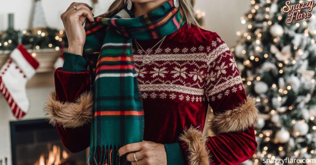 Person wearing a red sweater with white snowflake patterns and a green plaid scarf, standing by a decorated Christmas tree and fireplace