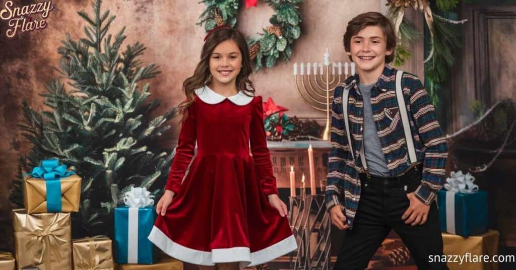 Two children in festive attire pose in front of a decorated holiday backdrop with a Christmas tree, gifts, and a menorah