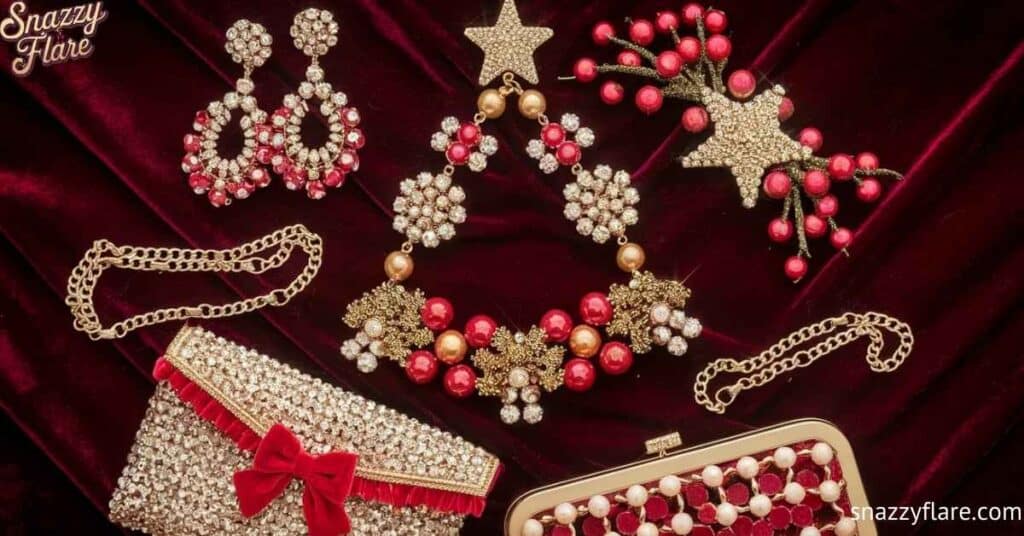 A collection of festive jewelry including earrings, necklaces, and clutches on a red velvet background.