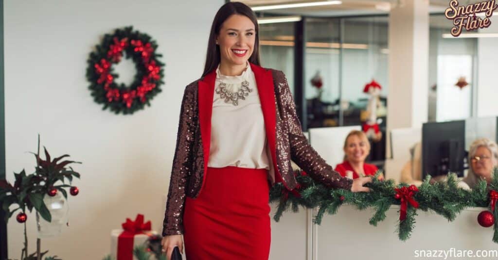 A person in a red skirt and sequined jacket stands in a decorated office with wreaths and garlands, celebrating the holiday season