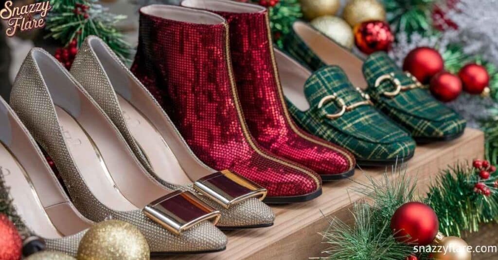 Stylish shoes including glittery heels, red sequined boots, and green plaid loafers surrounded by holiday decorations