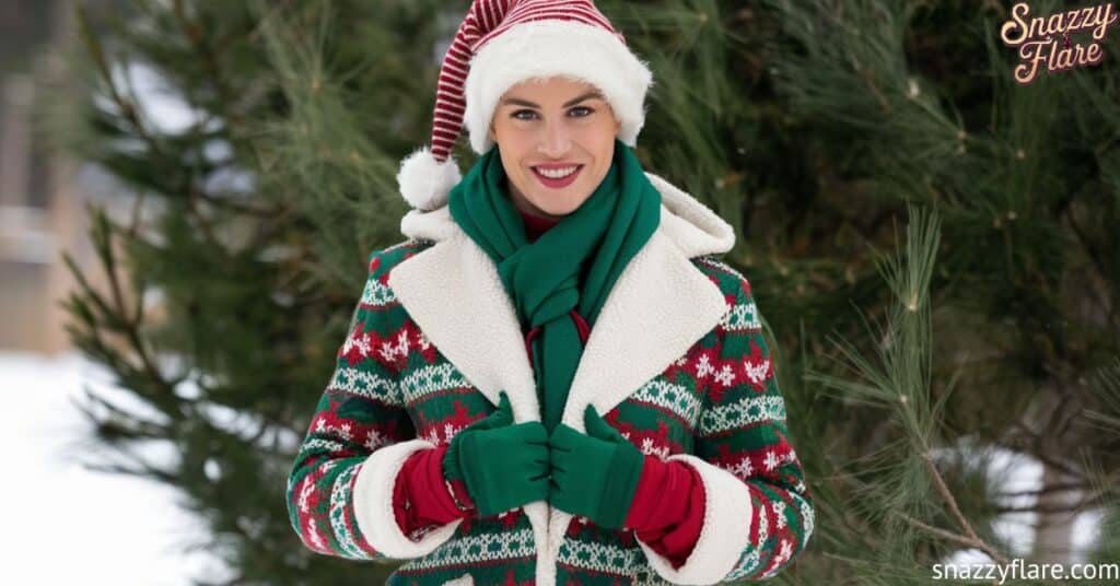 Person wearing a Christmas-themed sweater, green scarf, green gloves, and a Santa hat, standing in front of pine trees