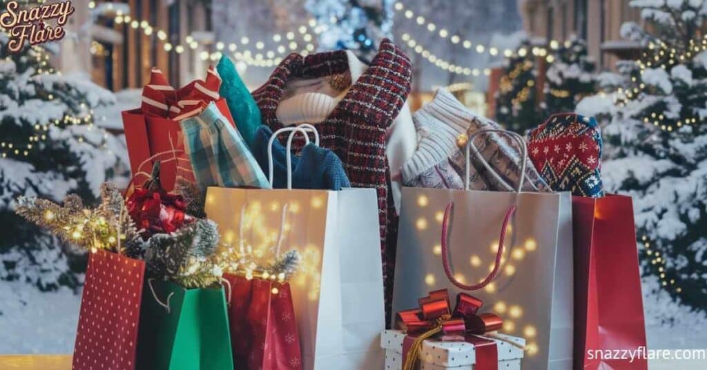 Multiple festive shopping bags filled with holiday gifts and winter clothing, set against a snowy, decorated street