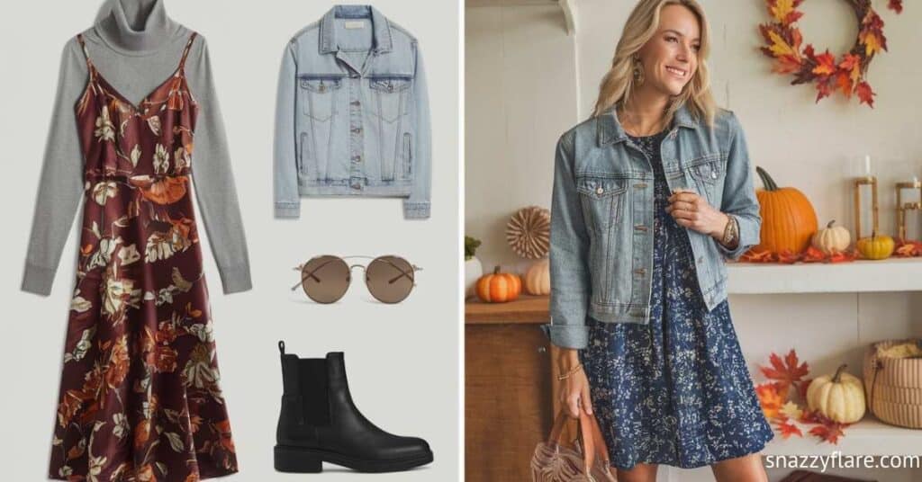 Stylish Fall Outfits: Layered Dresses with Denim Jackets for a Chic Autumn Look